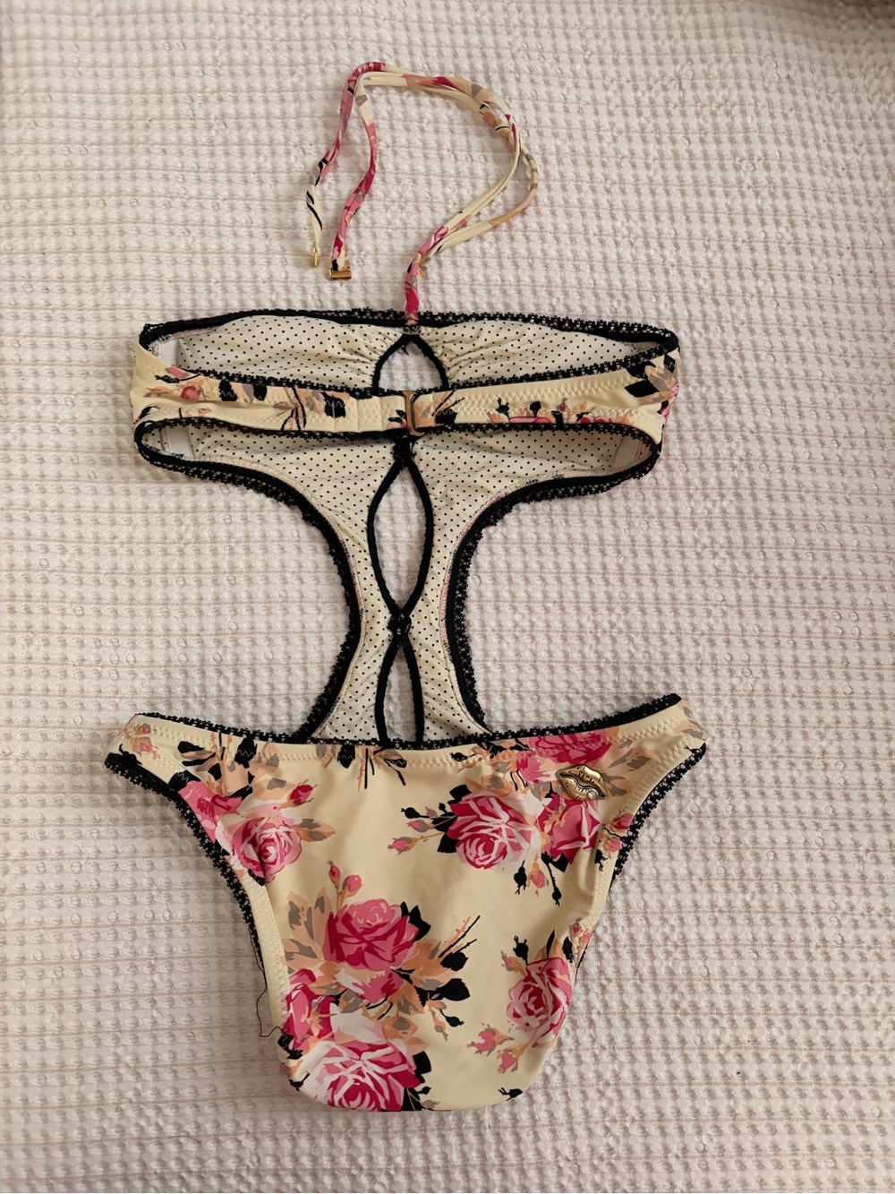 Vintage Betsey Johnson Floral Cutout Mono-kini Swimsuit - Cream, Pink, Black - Picture 4 of 4